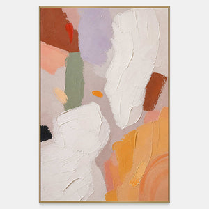 Hand-painted abstract canvas in ivory, lilac, sage, terracotta, and ochre.