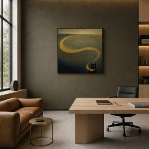 Modern cat canvas displayed in an animation studio creative director office.