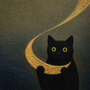 Close-up of raised antique gold texture beside a black cat.