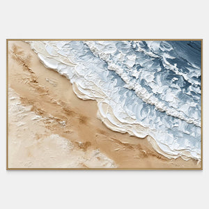 Front view of Kissing the Shore, with diagonal blue-gray surf and thick white foam meeting warm beige sand.
