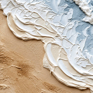 Close-up of Kissing the Shore showing raised white foam, pale blue ridges and sandy beige texture.