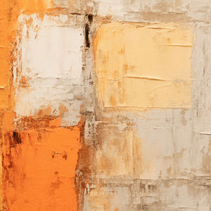 Close view of scraped orange and cream layers with raised rectangular brushwork.