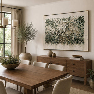 Olive botanical canvas displayed in a refined dining room.