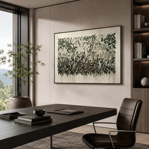 Textured botanical canvas for a modern office.