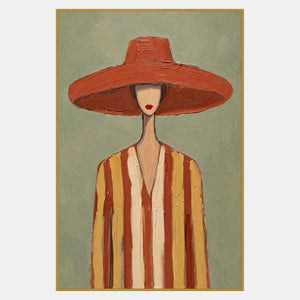 Tall figure in a broad terracotta hat and cream-yellow-rust striped clothing, with red lips on a pale green background.