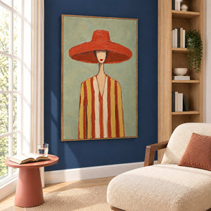 Terracotta-hat artwork beside a cream chaise and coral side table on a navy wall.