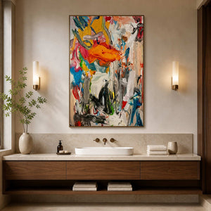 Wood framed colorful abstract artwork above a white basin between warm wall lamps.