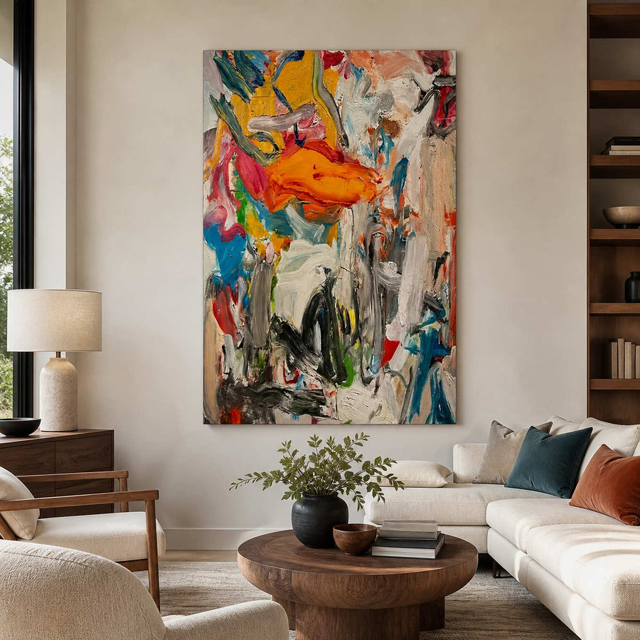 Frameless multicolored abstract artwork above a cream sofa and round wood coffee table.
