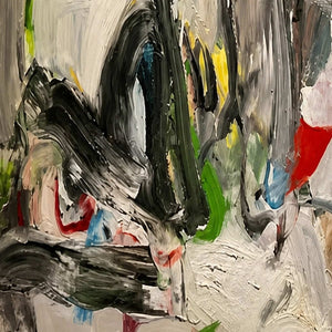 Close detail of thick cream and dark brushstrokes with green and red accents.