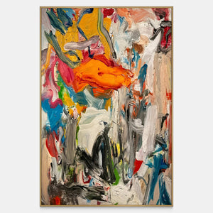 Letting Loose abstract artwork with a bold orange stroke among colorful layered brushwork.