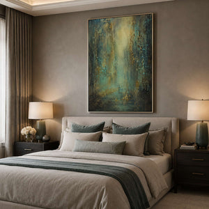 Teal and gold abstract wall art above a calm bedroom