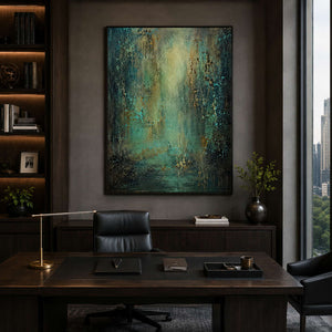 Dark teal abstract wall art in an executive office