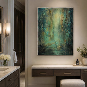 Teal textured wall art above a refined bathroom vanity