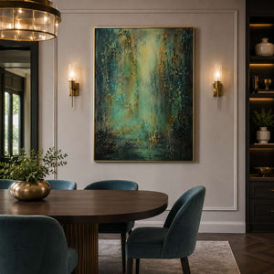 Wabi Sabi textured artwork in a sophisticated dining room