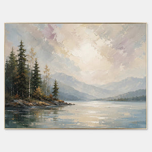 Hand-painted textured mountain wall art with green, blue, and neutral tones.