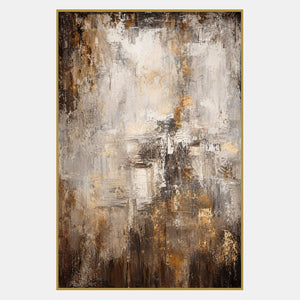Vertical abstract painting in ivory, taupe, charcoal, and burnished gold.