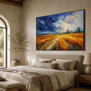 Golden field painting viewed from the side in a country villa bedroom.