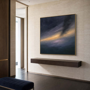Textured navy abstract painting styled in a Singapore penthouse entryway.
