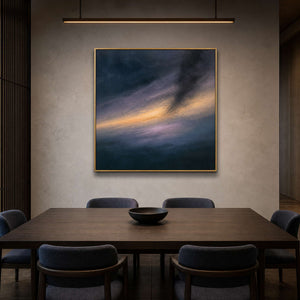 Navy and gold abstract painting displayed in a Tokyo dining room.