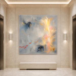 Luminous abstract artwork displayed in an elegant hotel elevator lobby.