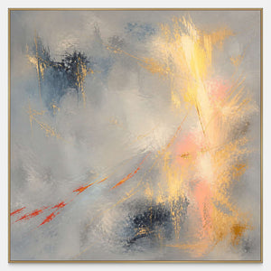 Hand-painted square abstract canvas in blue-gray, gold, blush, and navy.