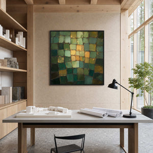 Textured green abstract canvas displayed in a sustainable architecture studio.