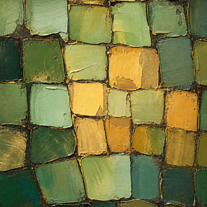 Close-up of raised forest, sage, and gold palette-knife blocks.
