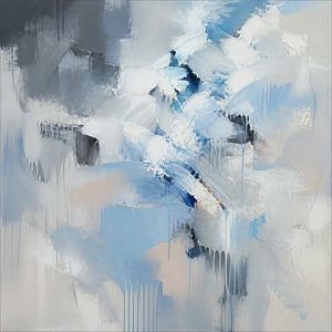 Close-up of layered icy blue, white, gray, and cobalt brushwork and drips.