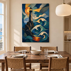 Geometric lighthouse above curling teal waves with an amber sky and a golden beam, displayed in a dining room without an outer frame.