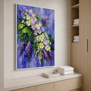 Lavender and cream floral wall art in a serene spa dry area.