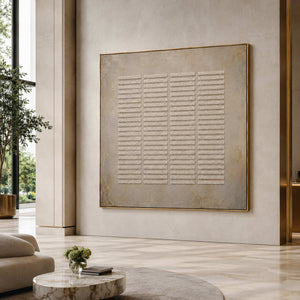 Neutral Wabi-Sabi wall art displayed in a hotel lobby.