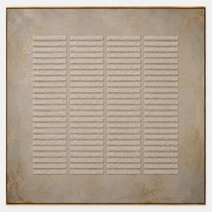 Hand-painted Wabi-Sabi canvas with raised ivory lines.