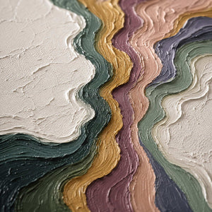 Close-up of raised hand-painted texture in green, pink & blush, and earth tones.