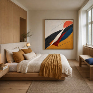 Modern Abstract Wall Art displayed above a calm modern bedroom.