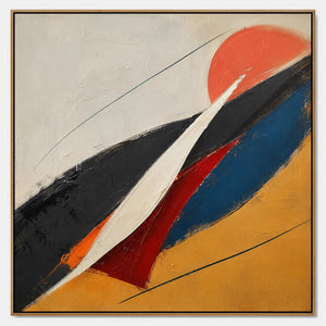 Modern abstract canvas with a red sun and sweeping blue lines.