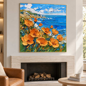 Angled coastal flowers painting above a pale fireplace.
