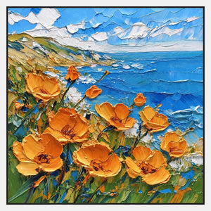 Large orange flowers on green stems in front of a blue sea, a receding coast at left, and white clouds.