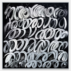 Square abstract painting with rows of thick white looping strokes on black.
