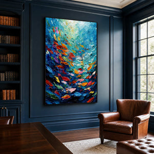 Black framed fish painting beside a brown leather chair in a deep blue library.