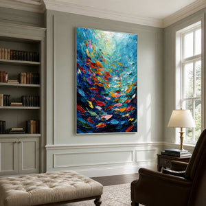 Silver framed colorful fish artwork beside bookshelves and a leather chair in a sage study.
