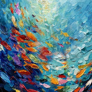 Close view of colorful fish and thick curled strokes in turquoise and blue water.