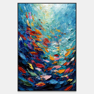 Colorful fish move through thick turquoise and deep blue strokes toward a lighter upper area.