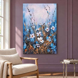 Artwork showing white and blue wildflowers on slender stems beneath a broad pale upper area beside a reading chair, with no outer frame.