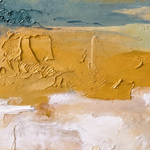 Close-up of Meeting the Open Country showing raised ochre paint, blue-gray layers and broken cream brushwork across the abstract horizon.
