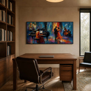 Vibrant jazz artwork brings warmth to a wood home office.