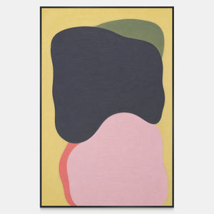 Hand-painted vertical abstract canvas with charcoal, blush, olive, coral, and yellow forms.