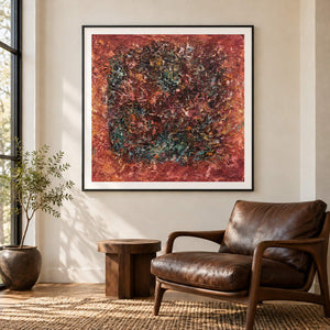 Beside a reading chair, an artwork with a black frame shows a dark textured ring surrounded by rust red and orange with scattered turquoise flecks.