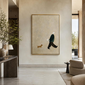 Minimalist figurative wall art displayed in a quiet hotel lobby.