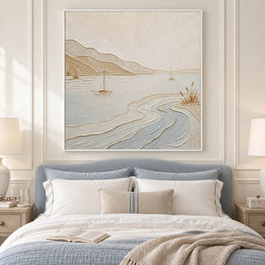 Pale coastal painting with sailboats, sandy hills, and curving wave contours in a white frame in a bedroom.