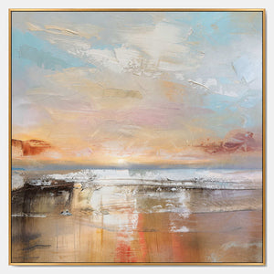 Hand-painted abstract landscape wall art with pink & blush, blue, and neutral tones.
